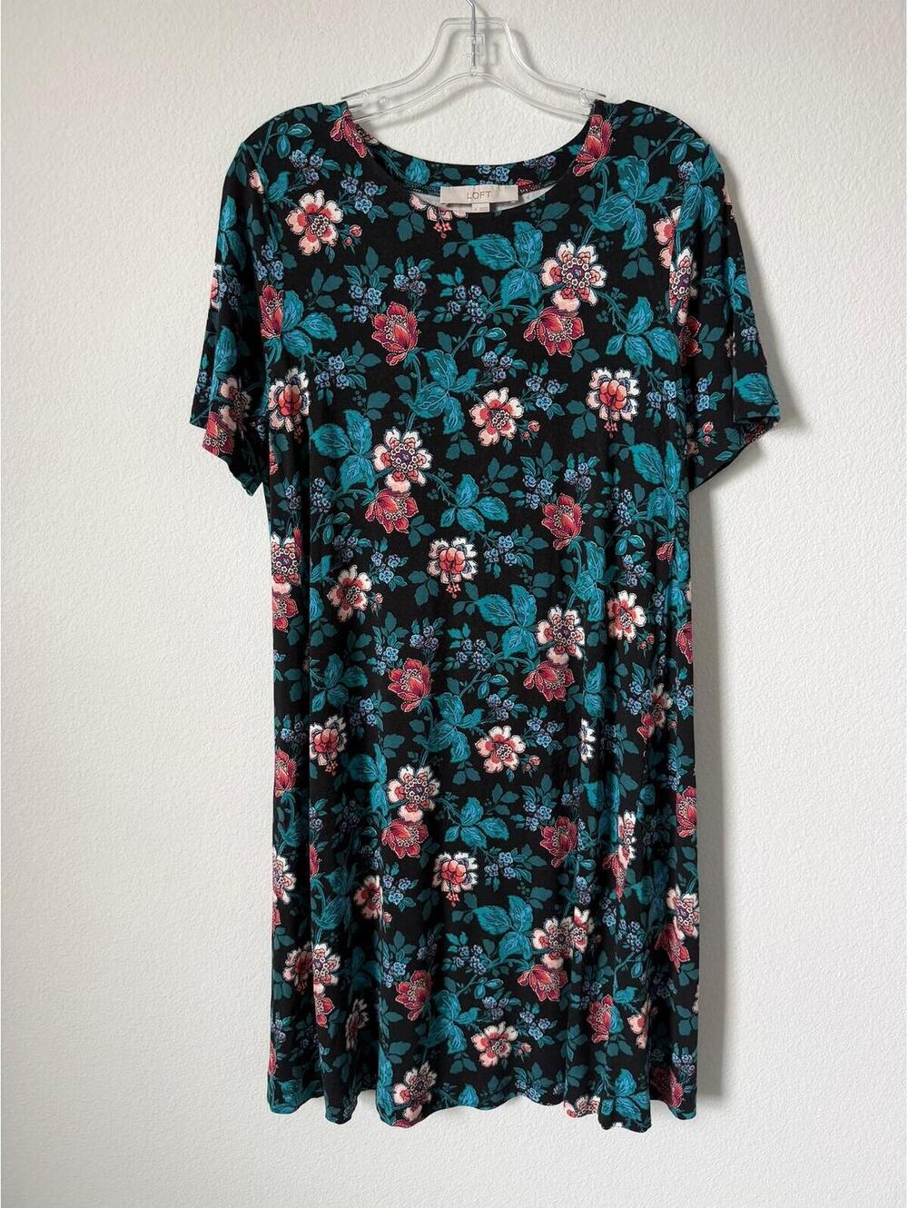 LOFT Short Sleeve Round Neck Floral Print T-Shirt Dress Women's Size M